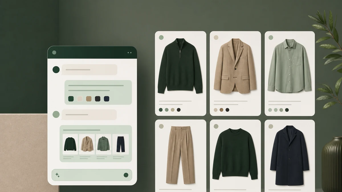 Catalog-connected AI shopping assistant beside fashion product cards