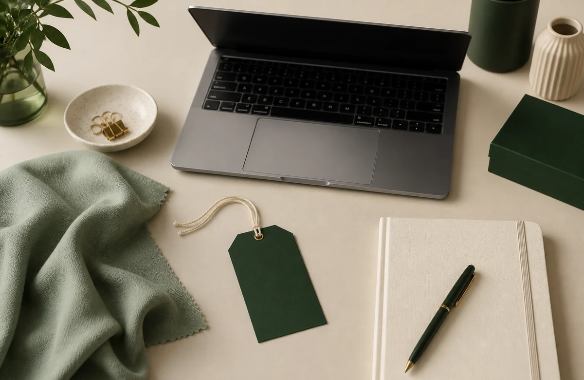 Merchant catalog workspace with laptop and hang tags