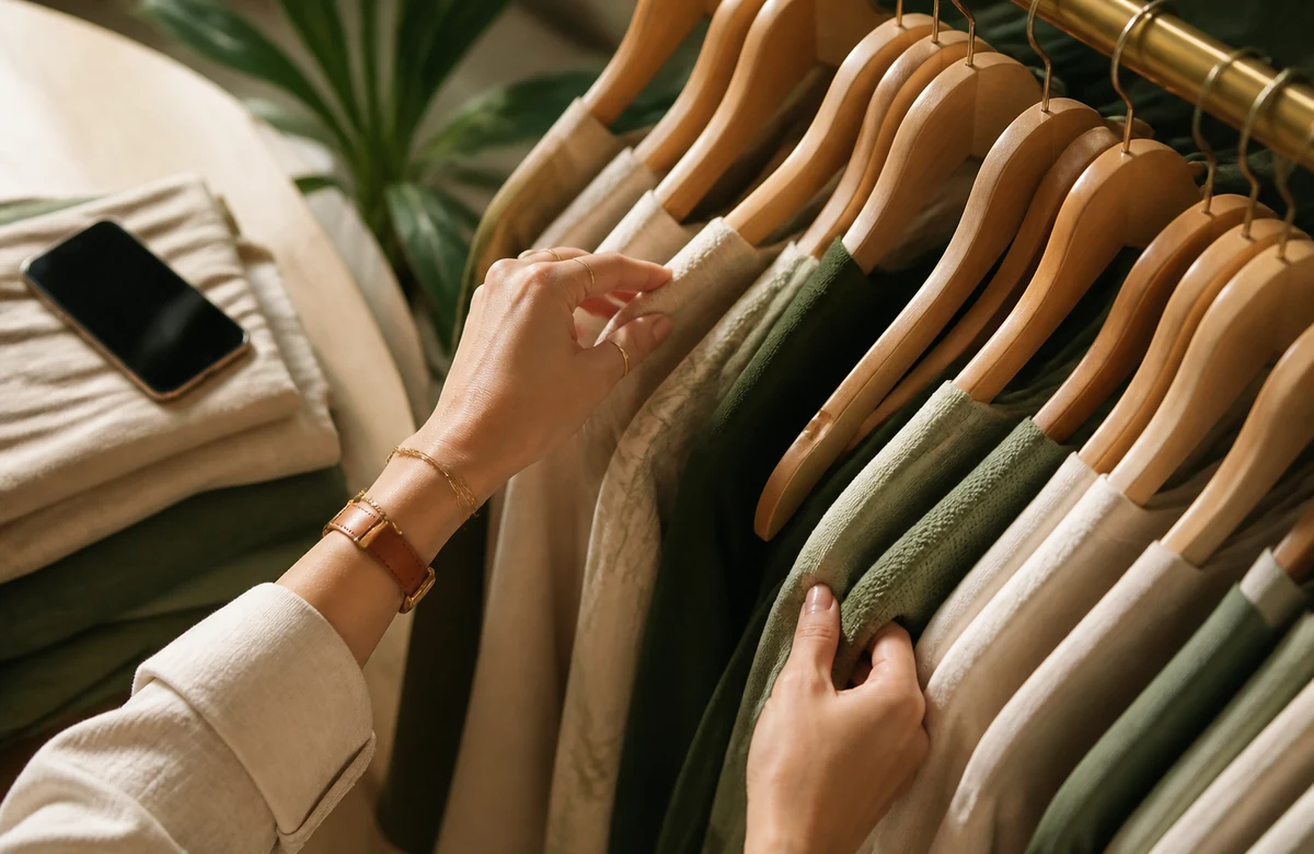Shopper browsing apparel hangers in a cream boutique