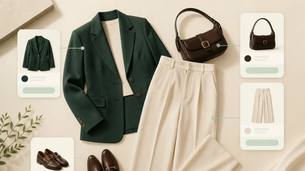 Coordinated fashion outfit linked to in-catalog product cards