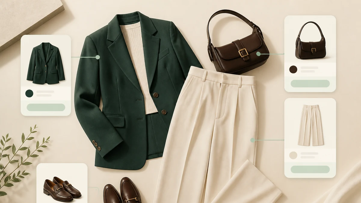 Coordinated fashion outfit linked to in-catalog product cards