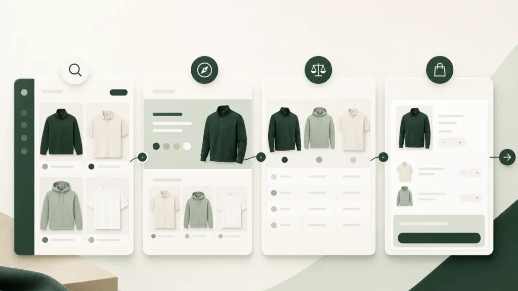 Product discovery, guidance, comparison, and cart journey