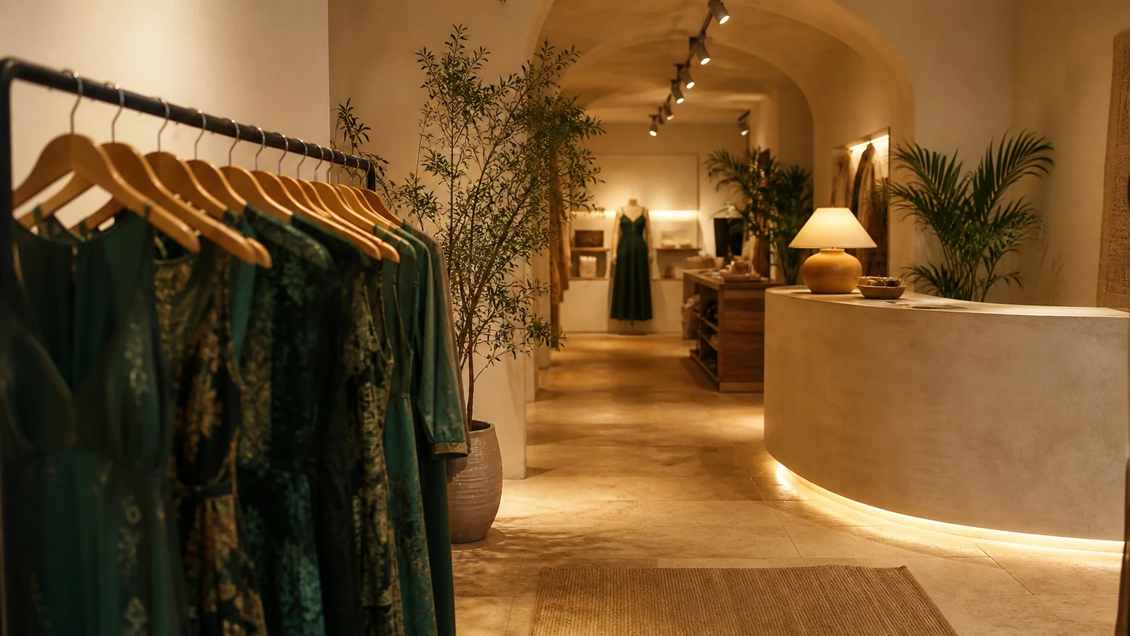 Boutique interior path from garment rail toward checkout
