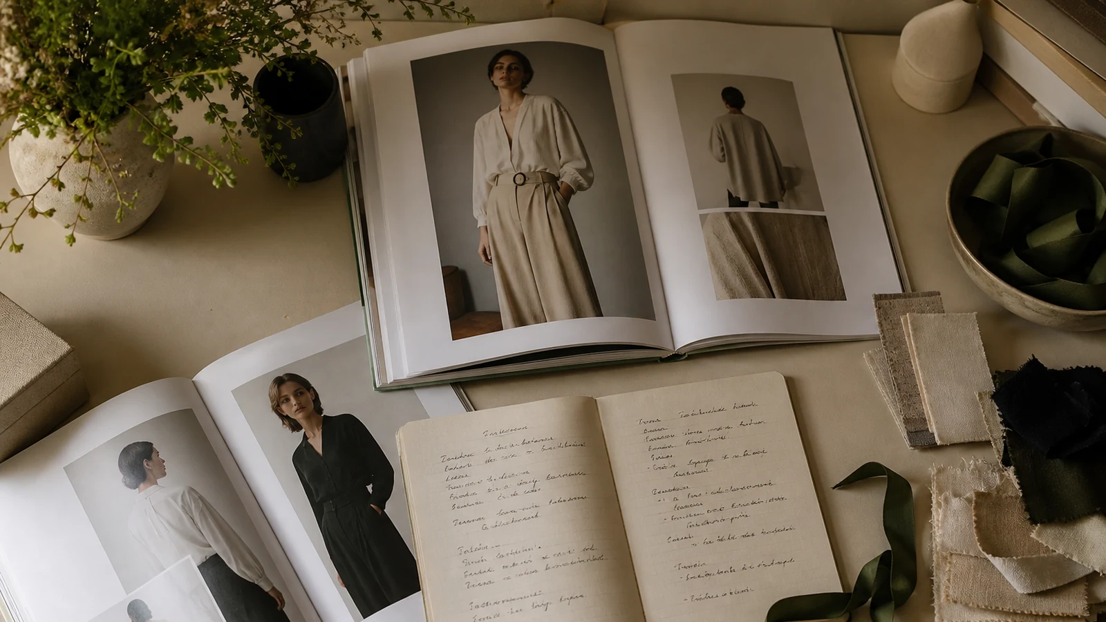Fashion reference books and fabric notes on a cream studio desk