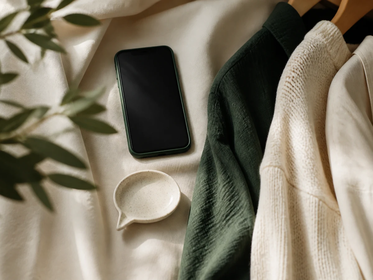 Phone beside garments suggesting a shopping assistant conversation
