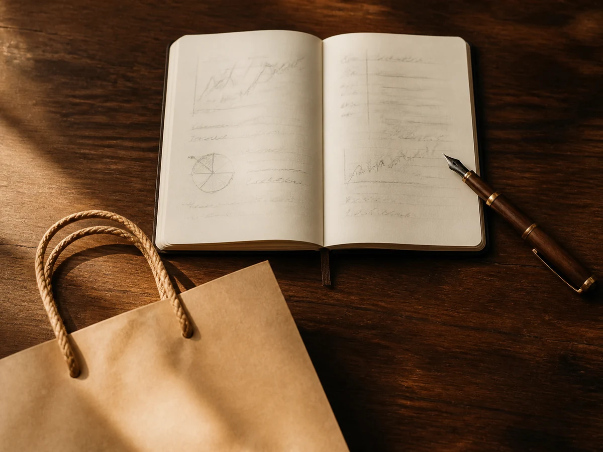 Notebook and shopping bag representing observational commerce measurement