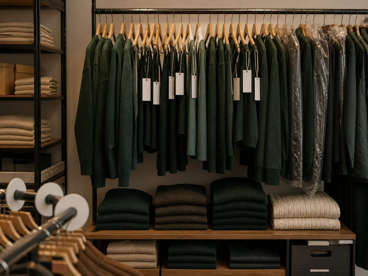 Clothing rails with hang tags in a boutique stockroom