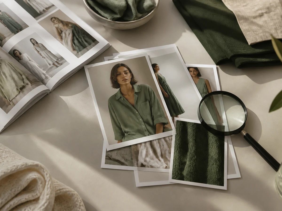 Fashion catalog pages and a magnifying glass on a cream table