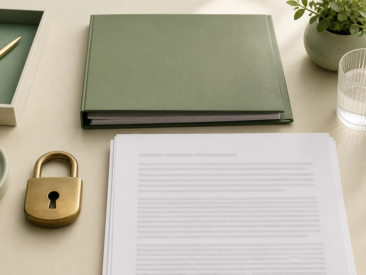 Closed folder and policy pages on a cream desk