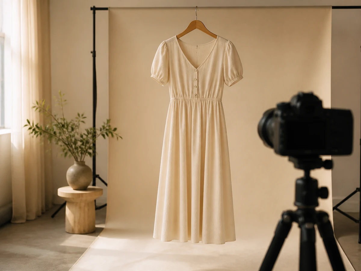 Dress on a hanger facing a camera for visual try-on context