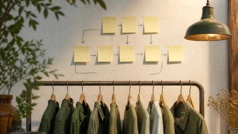 Sticky notes mapping shopper questions to hanging garments