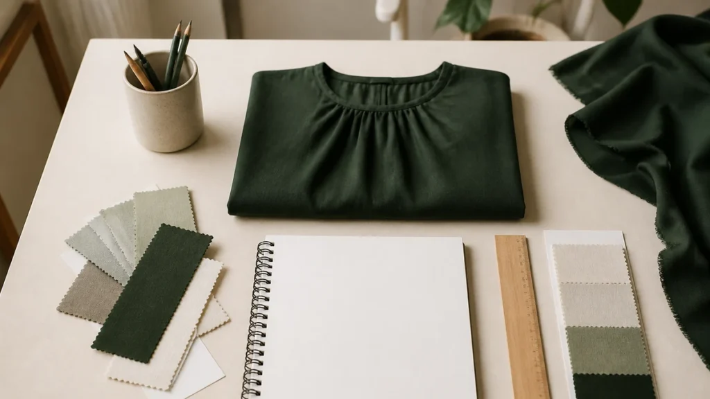 Fashion education table with garments and a notebook