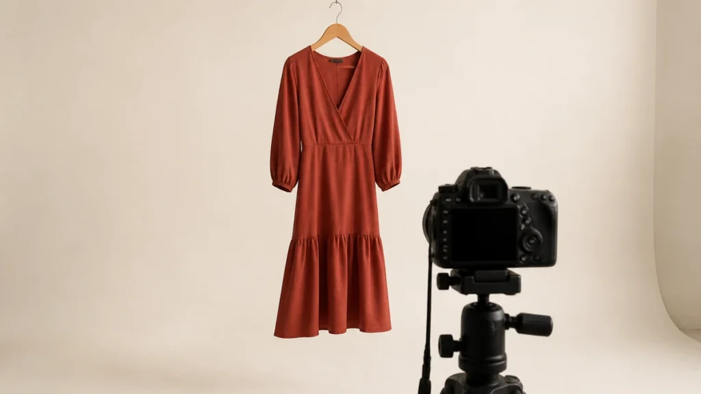 Camera and checklist facing a dress on a hanger