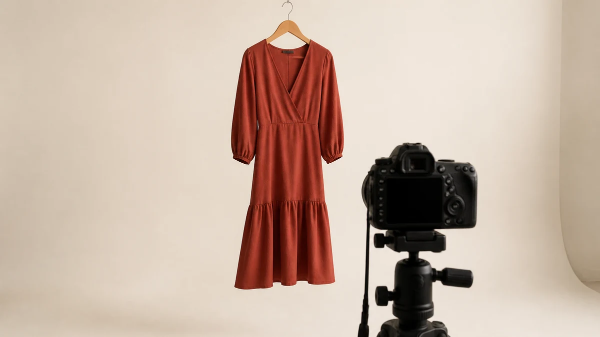 Camera and checklist facing a dress on a hanger