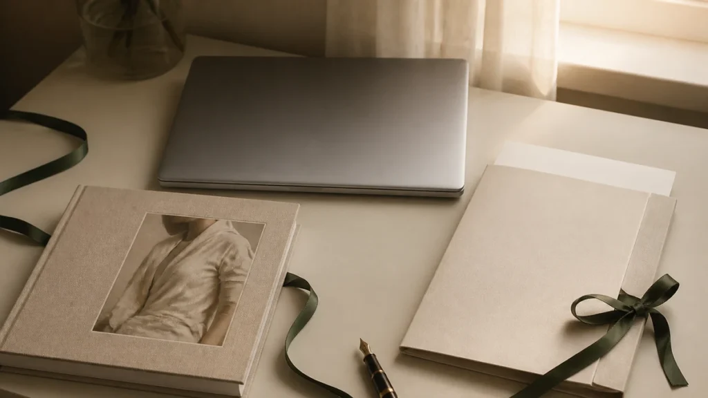 Operations desk with a fashion lookbook and closed laptop