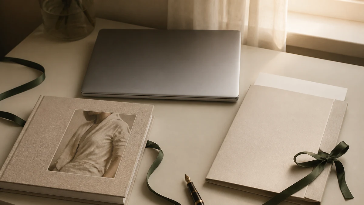 Operations desk with a fashion lookbook and closed laptop