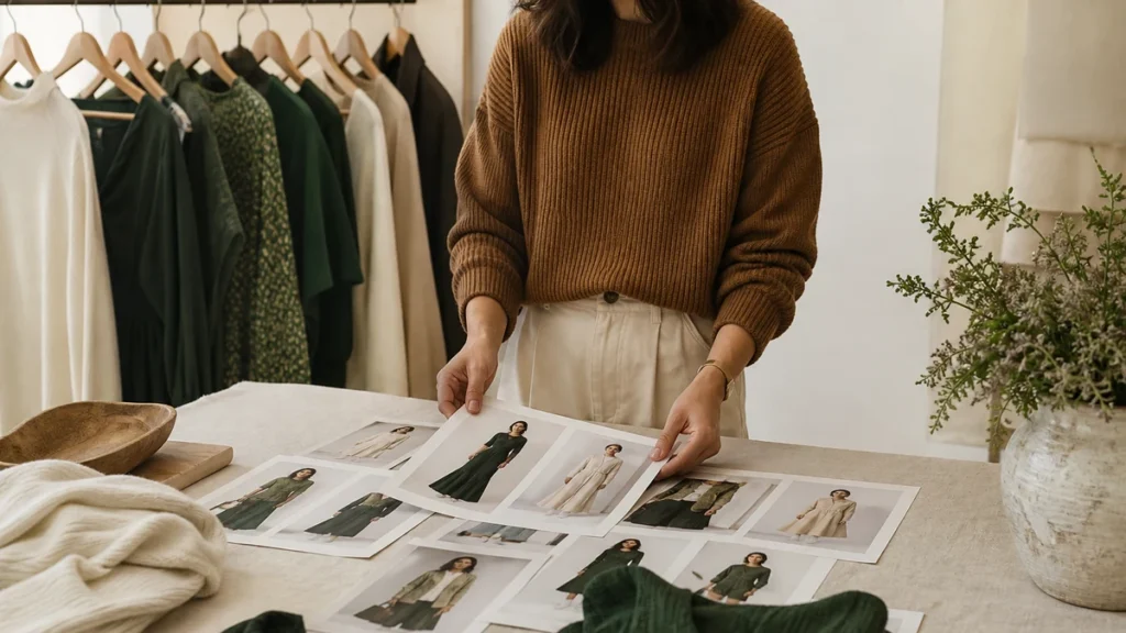 Merchandiser reviewing a fashion catalog beside a clothing rail