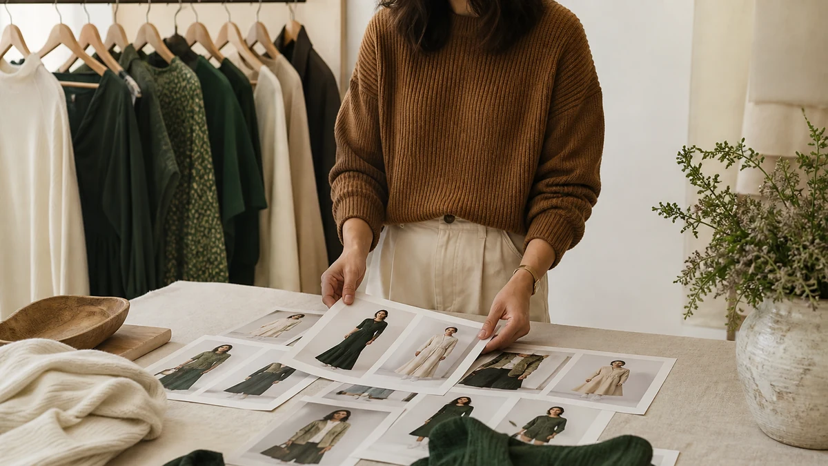 Merchandiser reviewing a fashion catalog beside a clothing rail