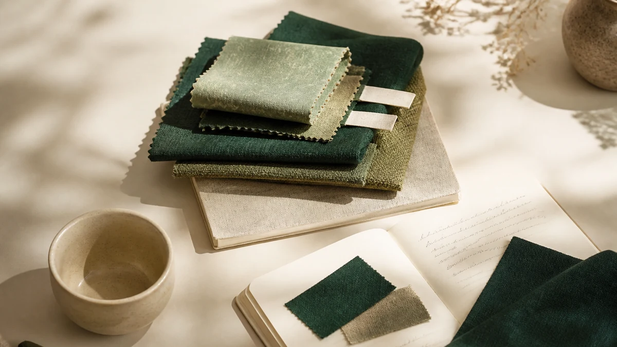 Fabric swatches, care labels, and merchant knowledge notes on a studio table