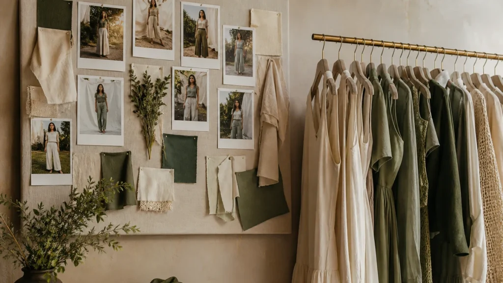 Merchandising wall of outfit photos and in-stock garments