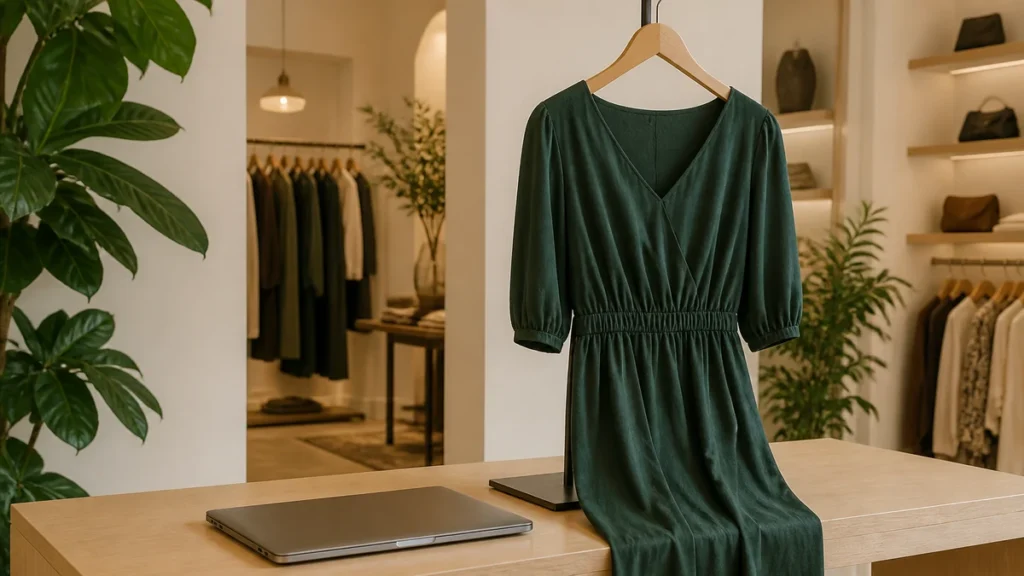 Fashion boutique laptop beside a dress on a display table