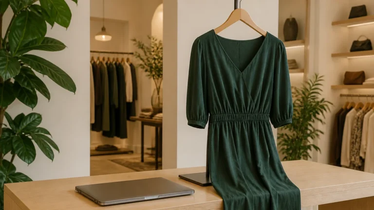 Fashion boutique laptop beside a dress on a display table