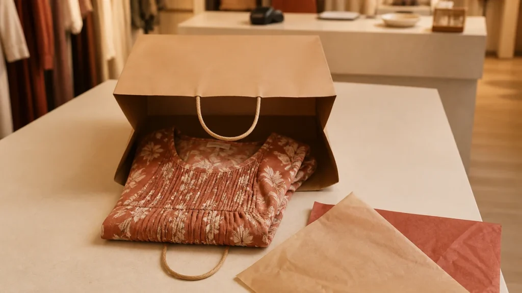 Open shopping bag with a dress left on a table before checkout