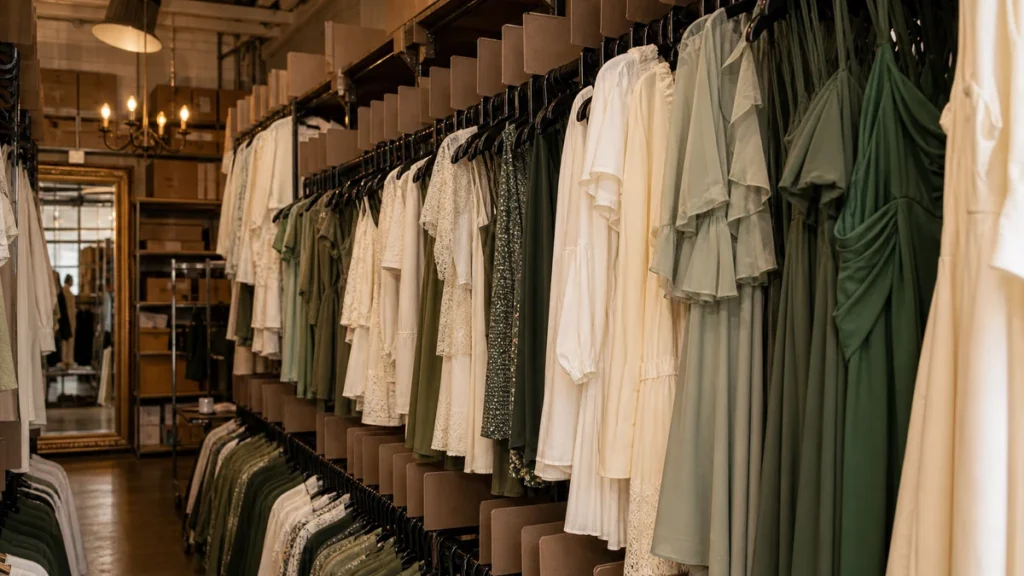 Fashion stockroom rails with sized garments