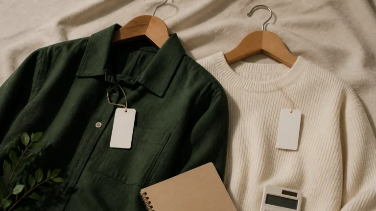 Garments with hang tags beside a notebook for offer planning