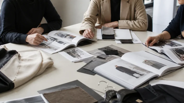 Fashion buying meeting with lookbooks and fabric samples