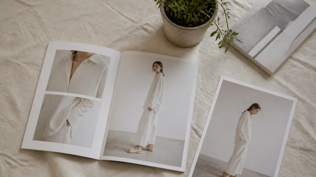 Printed fashion advertisement beside a product photograph on a laptop