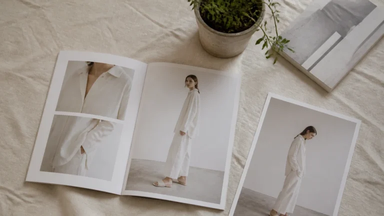 Printed fashion advertisement beside a product photograph on a laptop