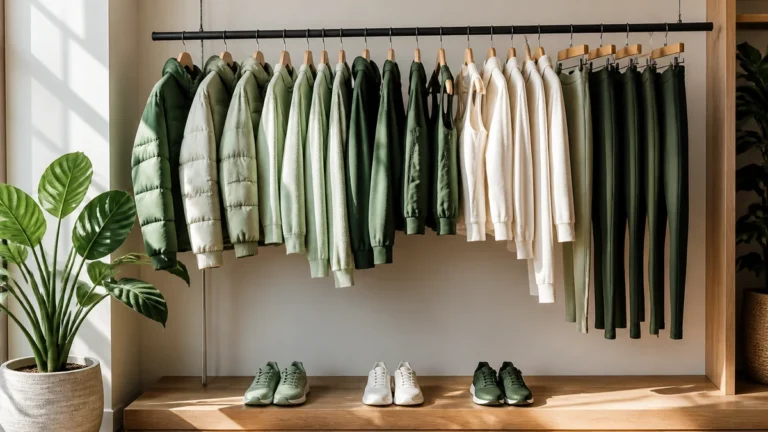 Activewear rack with jackets, leggings, and sneakers