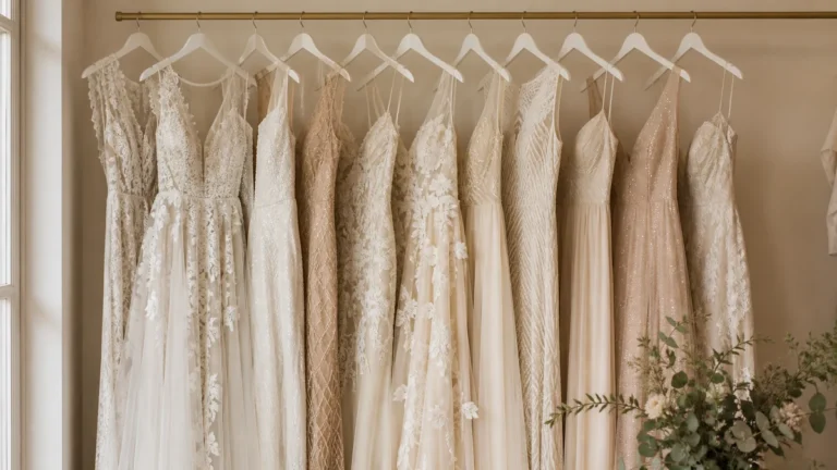 Ivory occasion dresses hanging in a quiet boutique