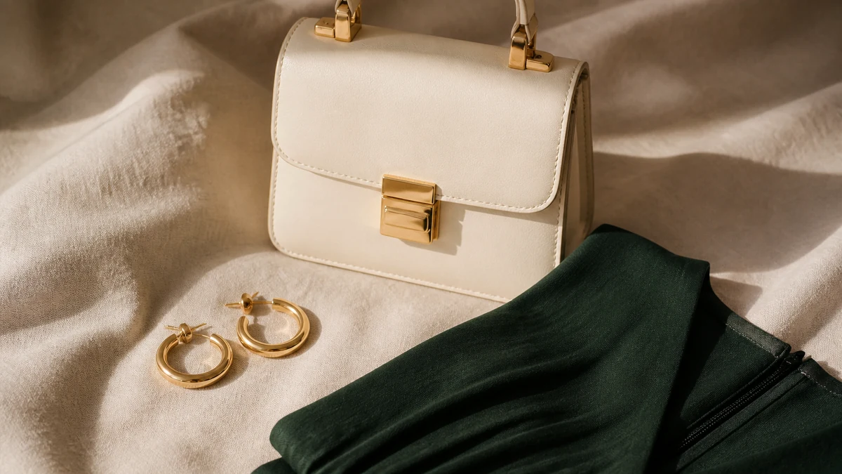 Earrings and a bag displayed with a folded dress