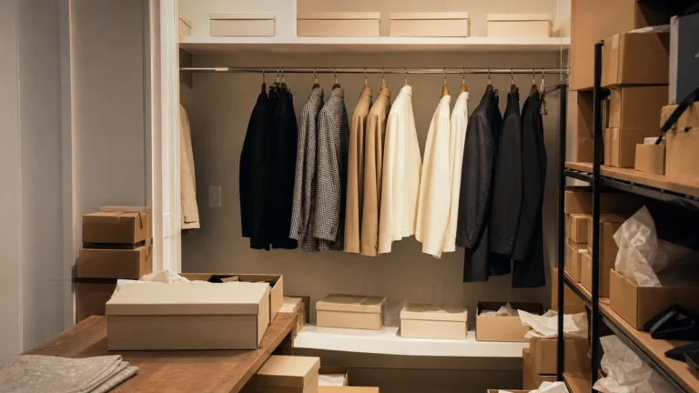 New-season garments and boxes in a boutique backroom
