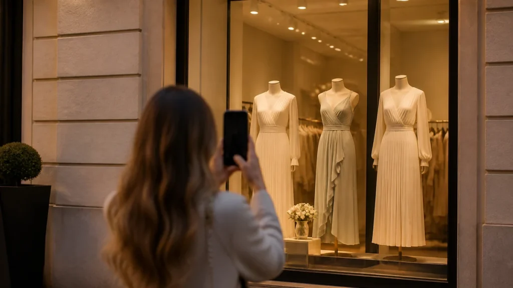 Fashion storefront with a phone in the foreground
