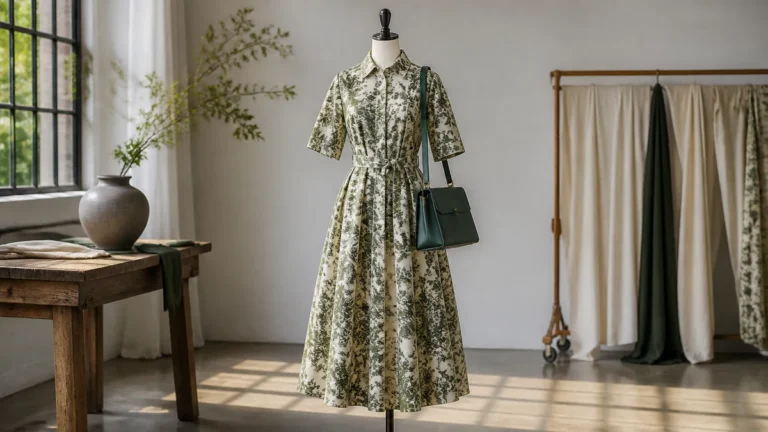 Complete outfit on a dress form with bag and shoes