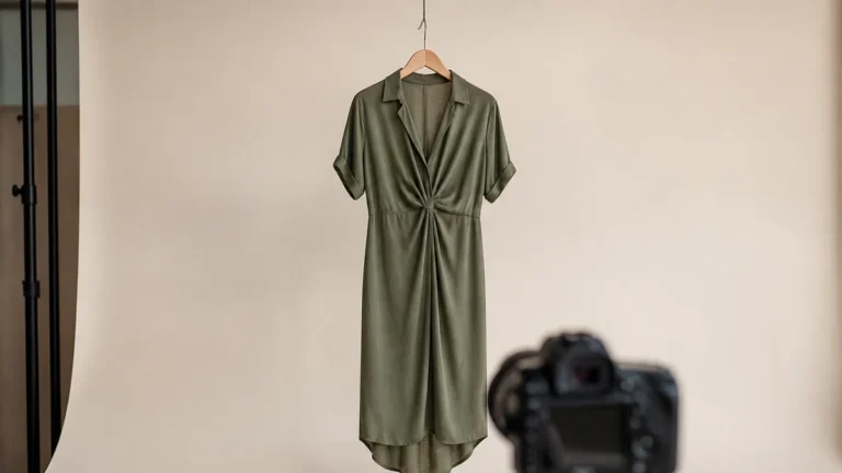Garment on a hanger in a cream studio for virtual try-on