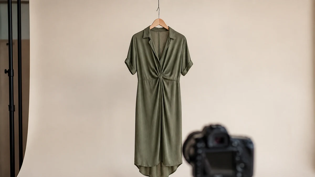 Garment on a hanger in a cream studio for virtual try-on
