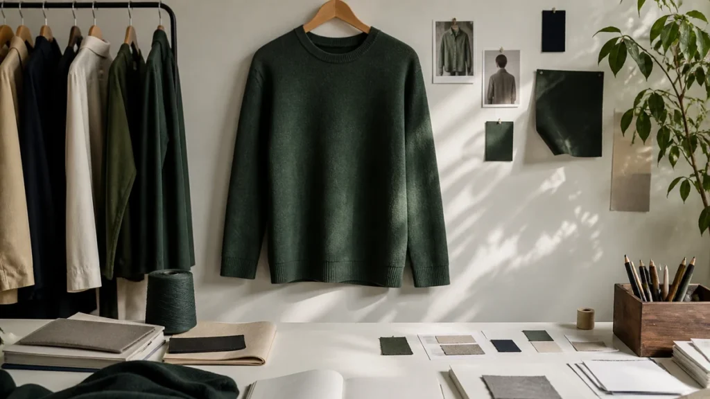 Workshop table with garments and notebooks for a catalog-only briefing