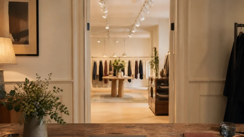 Store back office looking onto a boutique floor