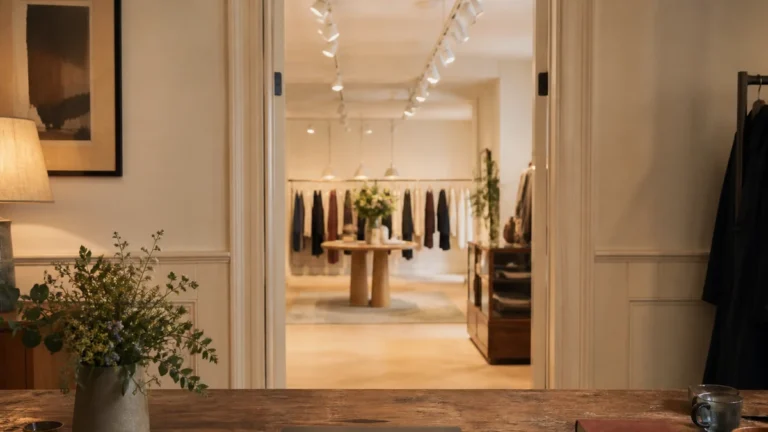 Store back office looking onto a boutique floor