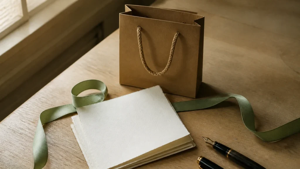 Abstract printed charts and a shopping bag on cream paper