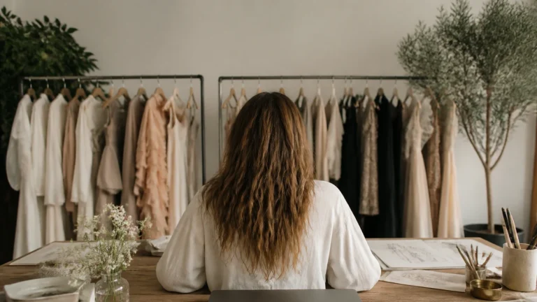 Merchant working in a fashion studio with garment rails behind