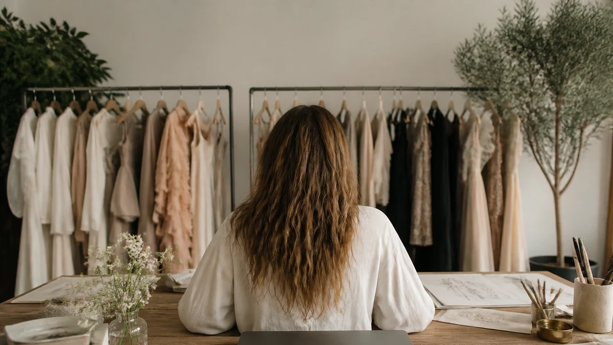 Merchant working in a fashion studio with garment rails behind