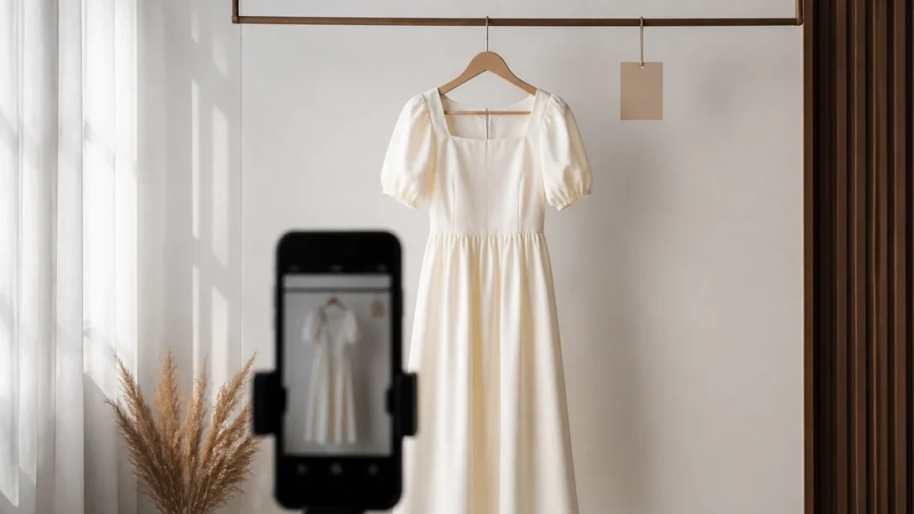 Smartphone camera facing a hanging dress for try-on privacy