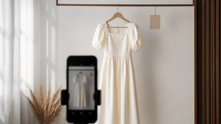 Smartphone camera facing a hanging dress for try-on privacy