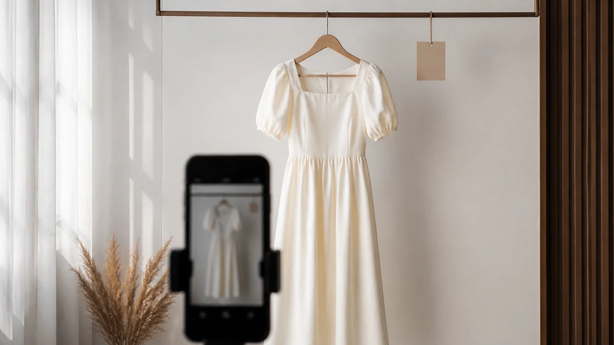 Smartphone camera facing a hanging dress for try-on privacy
