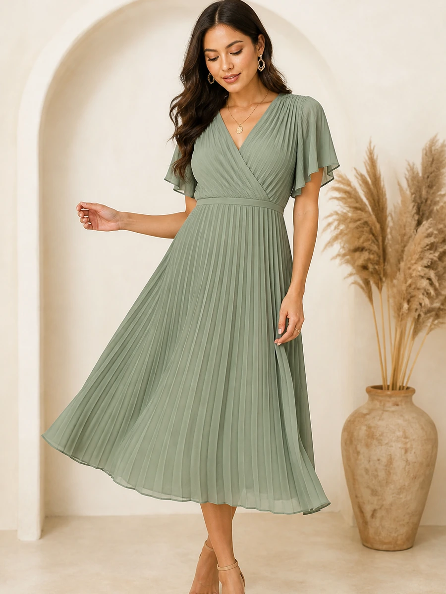 Draped midi dress shown for conversational discovery capability